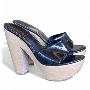 Yves Saint Laurent YSL Wood Platform Black Patent Leather Mules * 39
